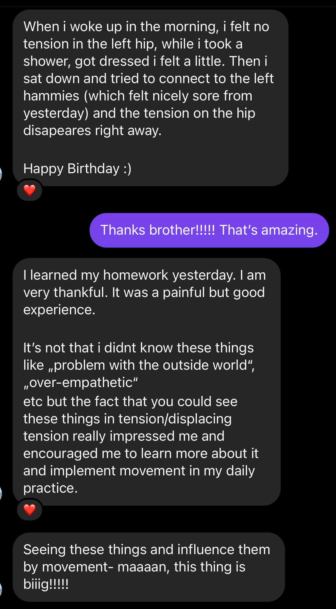 Client message about left hip tension disappearing after connecting to the hamstrings