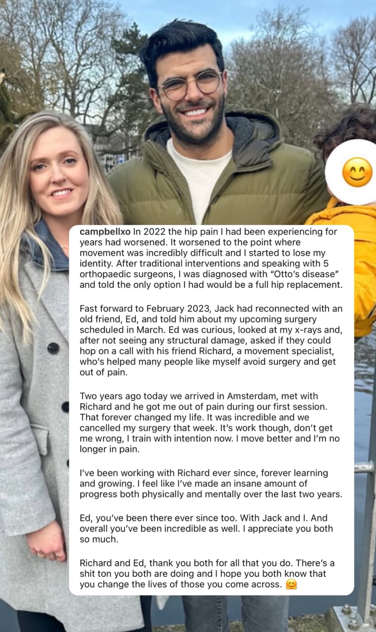 Written testimonial from Campbell about cancelling hip replacement surgery after working with Richard